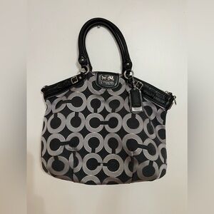 Coach Signature 18608 OpArt Black Silver Sateen Satchel Handbag Purse Black